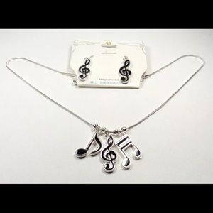 Music Notes Necklace/Earrings Set Silver Rhodium